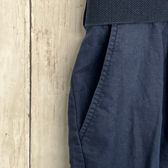 Mango Linen Navy Blue Short Sleeve V Neck Belted Knee Length Preppy Money Dress - Picture 4 of 11